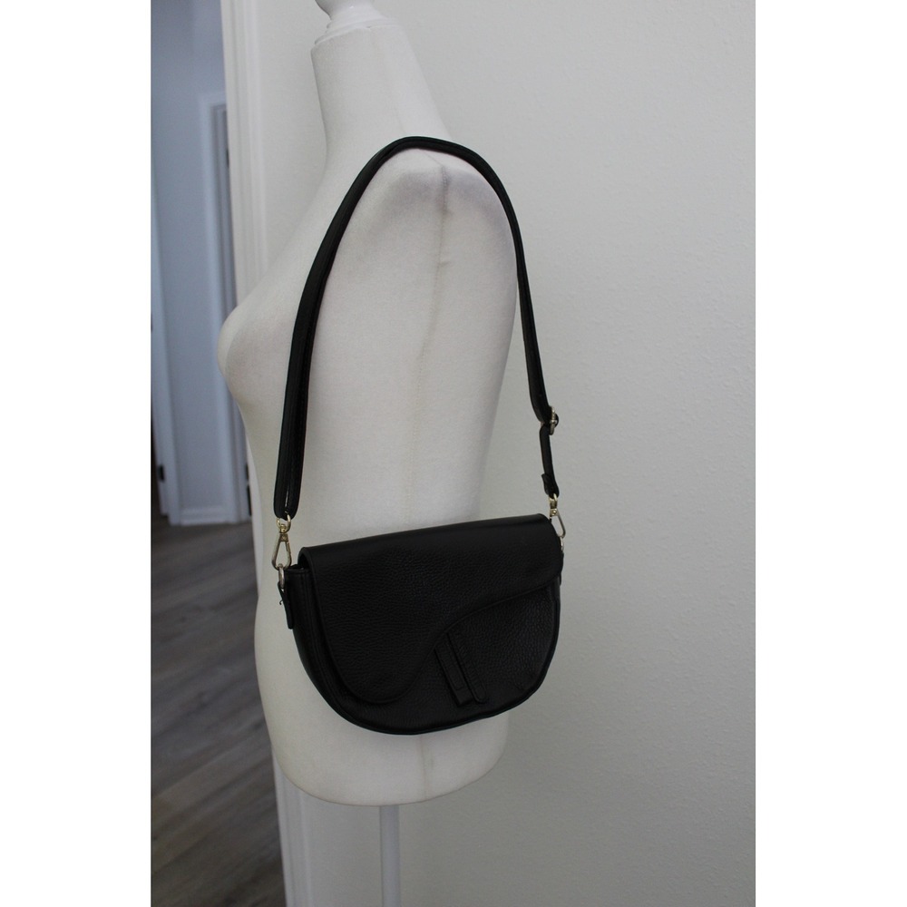 Made in Italy Black Pebbled Leather‎ Saddle Crossbody Bag Gold Hardware Classic